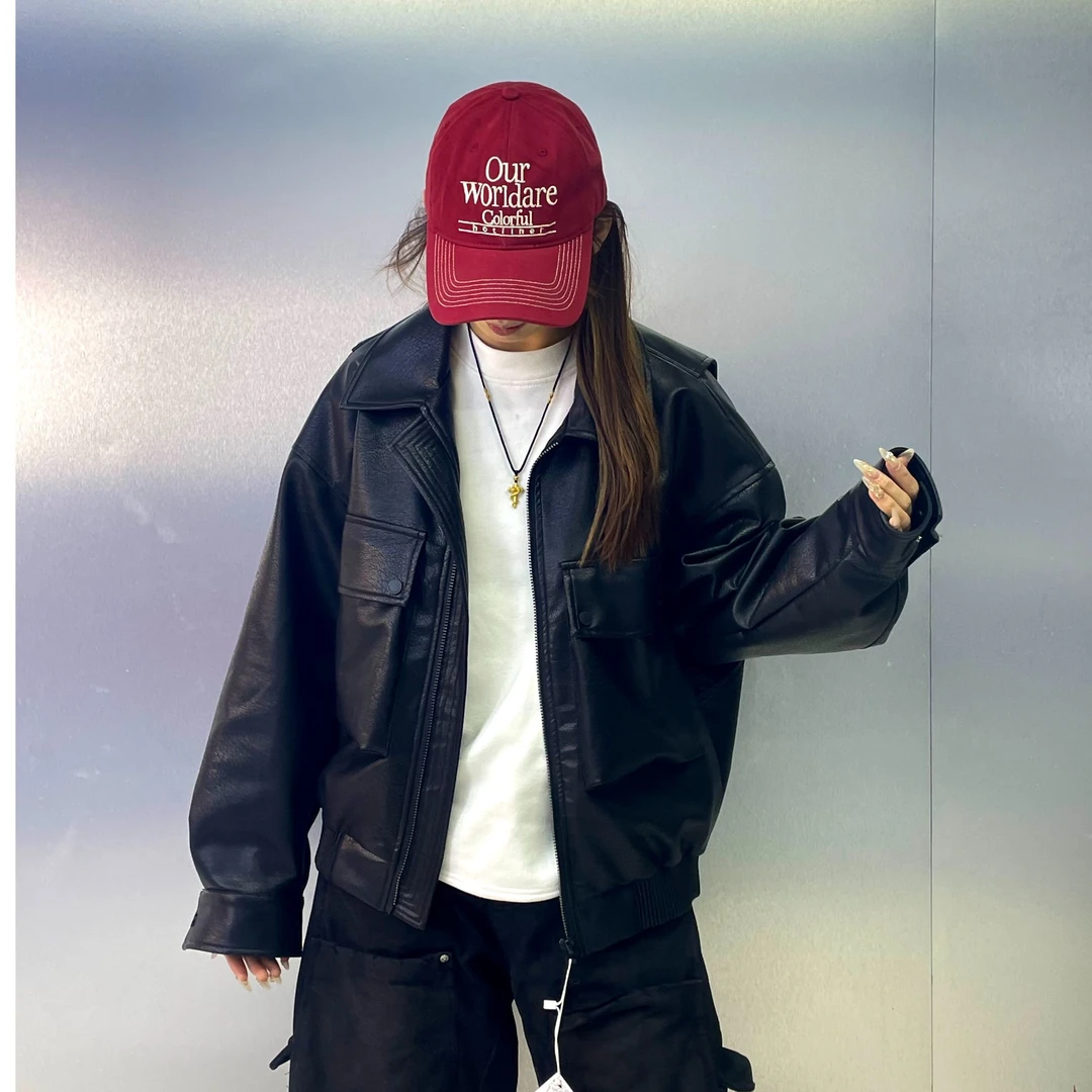 潮牌皮衣男女外套新款休闲潮流翻领黑色亚光磨砂质感痞帅短款时尚