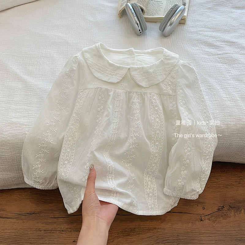 春季新款长袖提花白色衬衣衬衫欧若风童装款宝宝打底翻领女孩女童