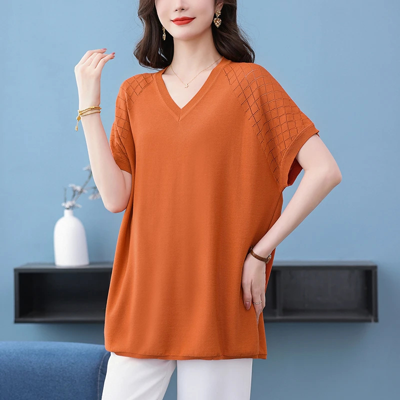 中长款遮屁股短袖t恤女大码冰丝小衫2025新款胖妈妈遮肚藏肉上衣