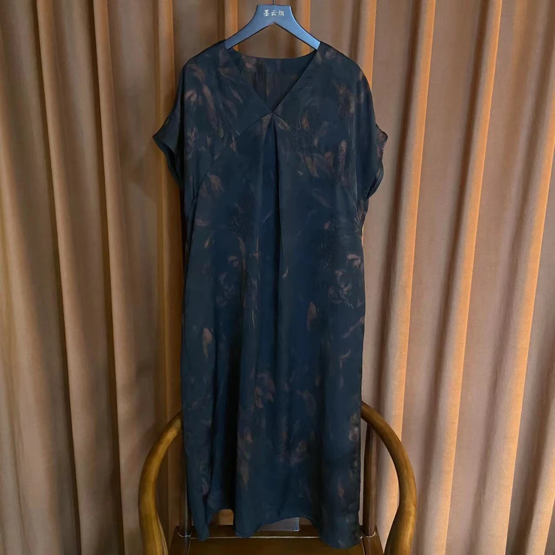 【逸云】复古中长裙新中式连衣裙重磅国风V领网红渐变裙子68215