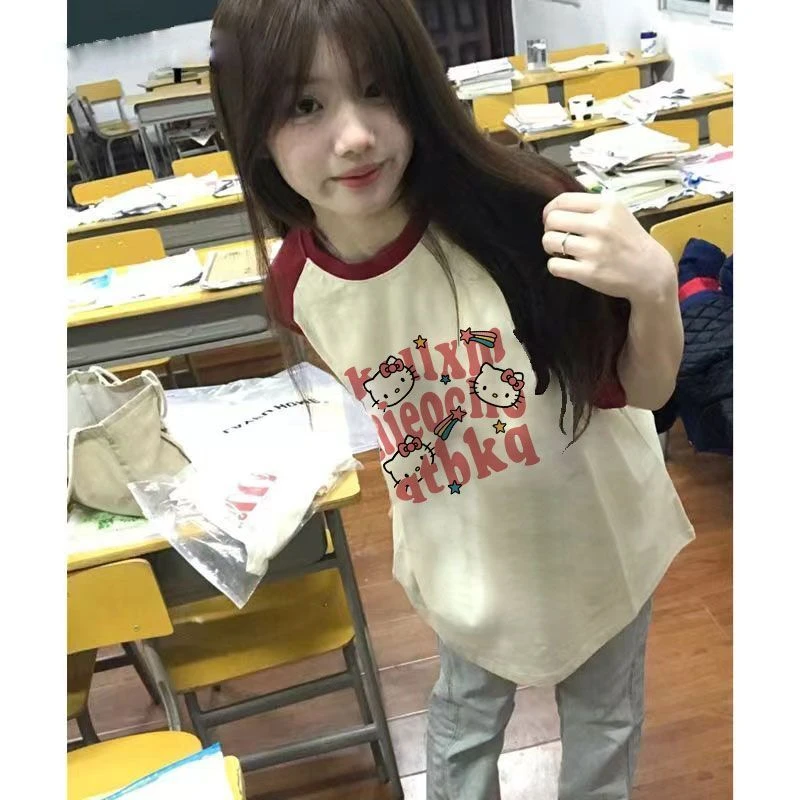 美式插肩上衣女学生ins潮流拼色宽松短袖t恤夏季休闲时尚印花上衣