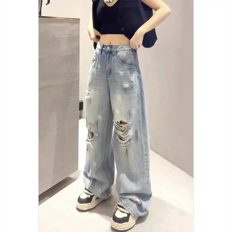 破洞阔腿牛仔裤子女2025春夏季新款直筒高腰宽松浅色裤子女款夏季