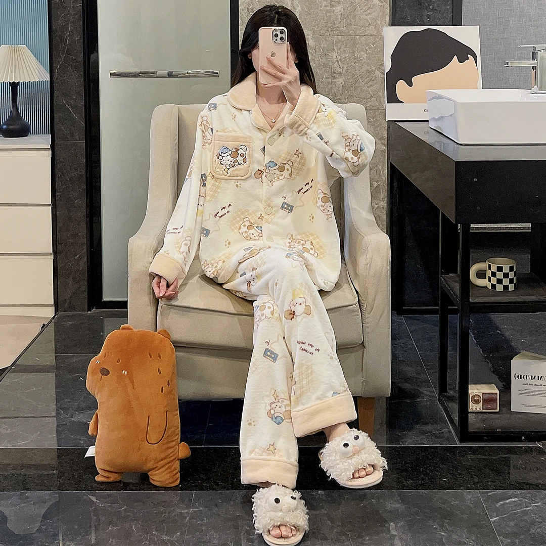 2025新款珊瑚绒睡衣女秋冬季大码加厚保暖法兰绒小斑狗套装家居服