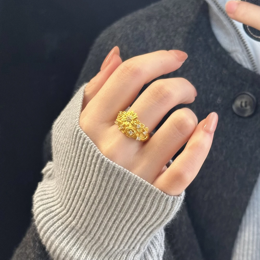 铜合金锆石戒指  J064春夏新款新中式国风繁花锦簇开口可调节戒指