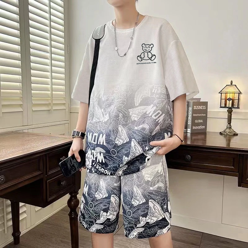 大码300斤运动休闲套装男夏季宽松大码短袖短裤帅气男装一套搭配