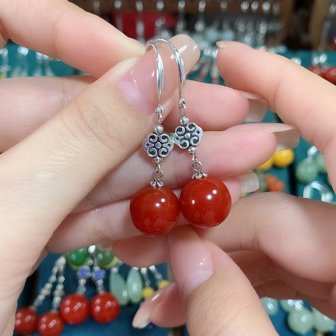 玛瑙/玉髓耳饰银S925镶嵌天然红玛瑙12mm左右（锦红）