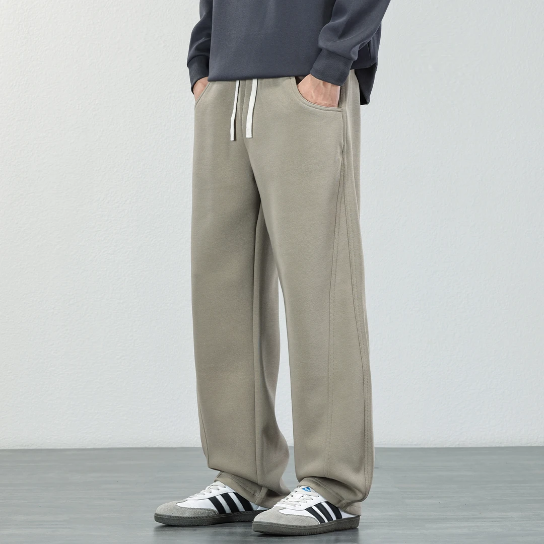 卡其色休闲裤男士2025秋冬季宽松重磅卫裤直筒拼接垂感弯刀裤子潮