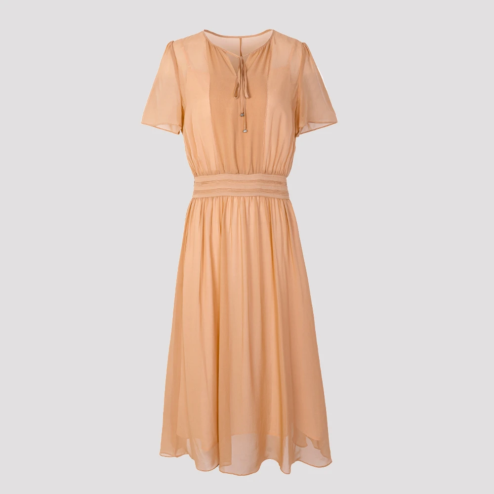 真丝桑蚕丝小V领连衣裙夏季纯色透气网纱收腰长裙女32250