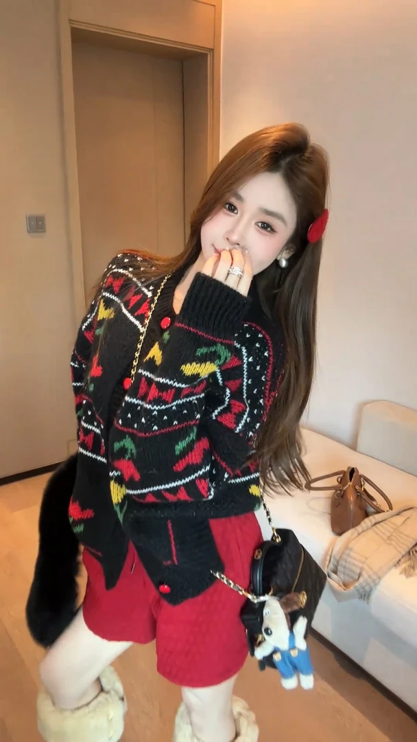 小个子穿搭一整套装2025秋冬新款气质软糯提花针织衫圣诞毛衣女装