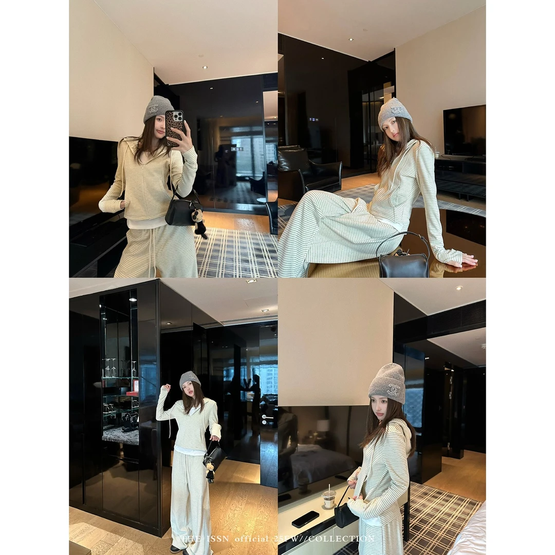 THEISSN宁司 假两件条纹连帽拉链长袖外套女长裤套装 01361/01362