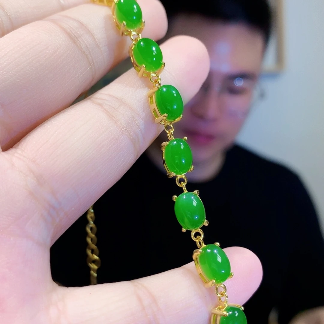 和田玉（碧玉）手链银S925镀金镶嵌