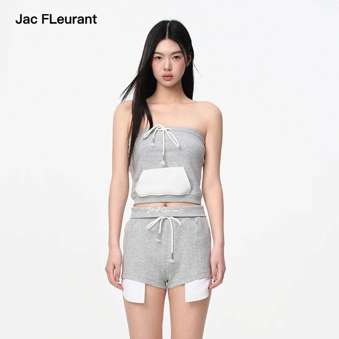 JAC FLEURANT夏季新品灰白口袋拼色抽绳抹胸休闲女士上衣