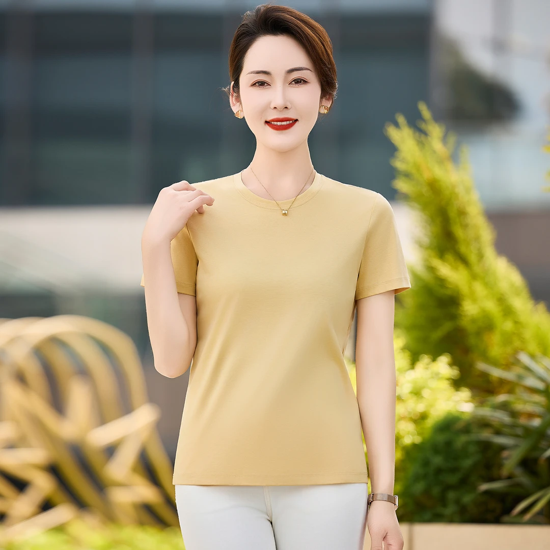 恩狐【含桑蚕丝】夏季新款中老年妈妈短袖T恤女宽松显瘦休闲上衣