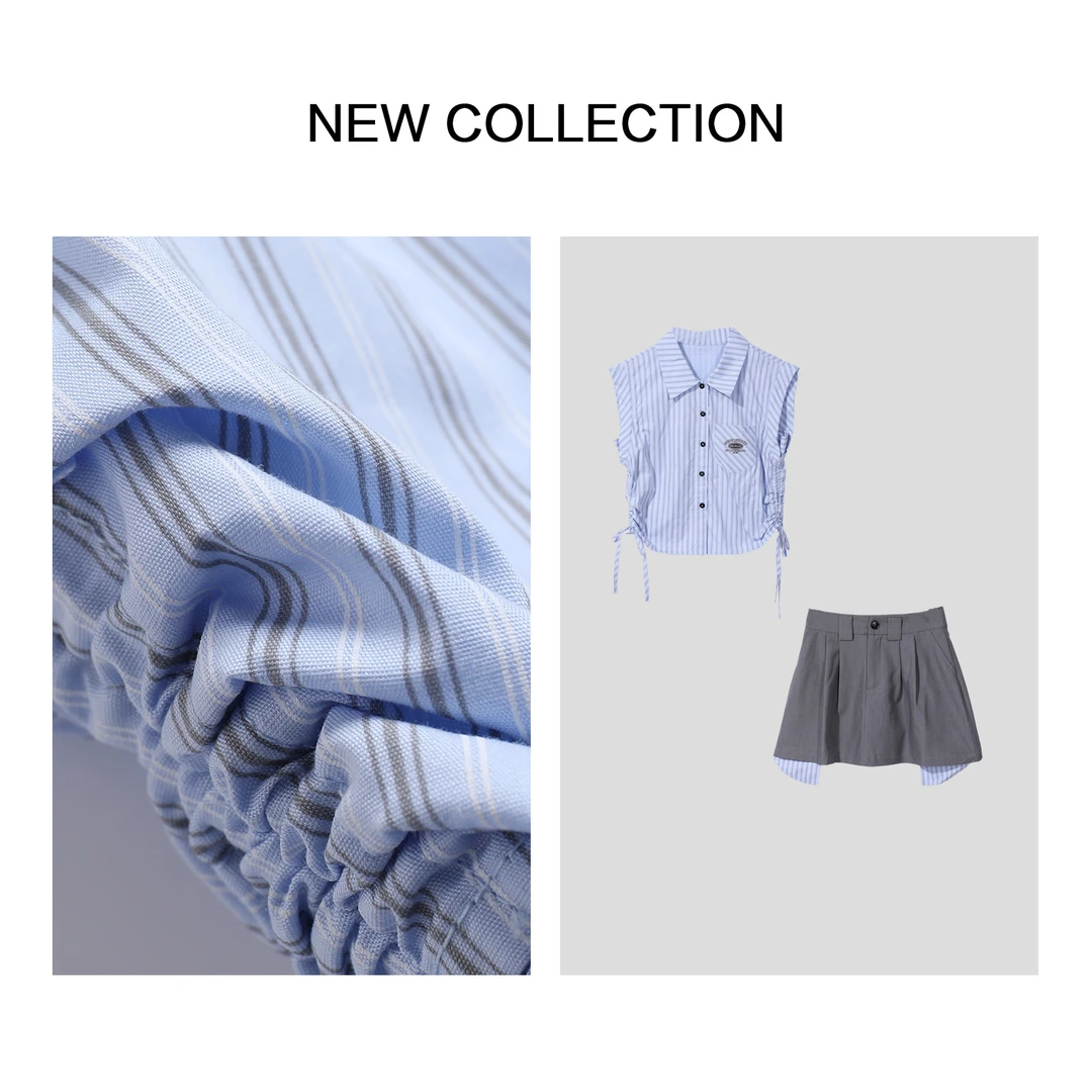 【小依专享】D5F36068A蓝灰条纹时尚短装两件套装-6068