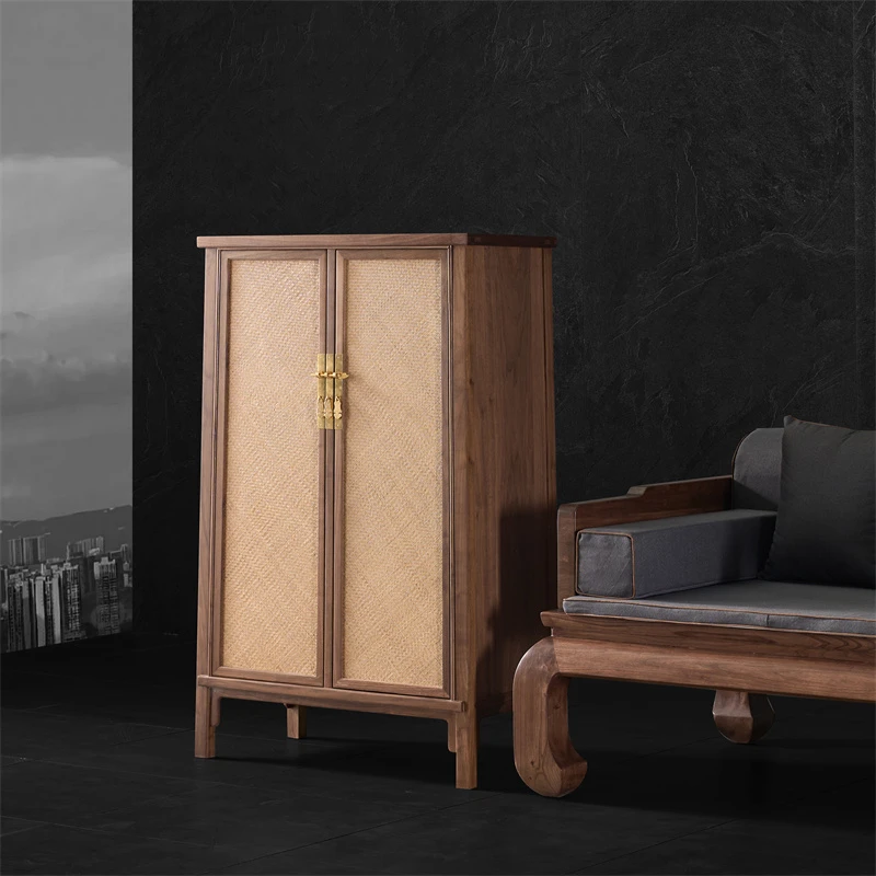 佳古轩新中式圆角柜面条柜北美黑胡桃木藤编卧室实木收纳储物柜