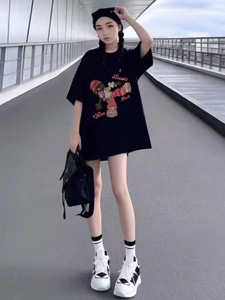 印花小众韩版短袖夏季ins休闲t恤中长款涂鸦风格