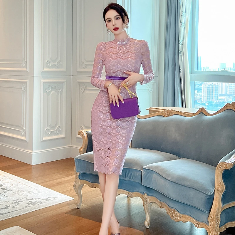 【清一件不留】法式立领修身包臀长袖蕾丝连衣裙打底裙20920