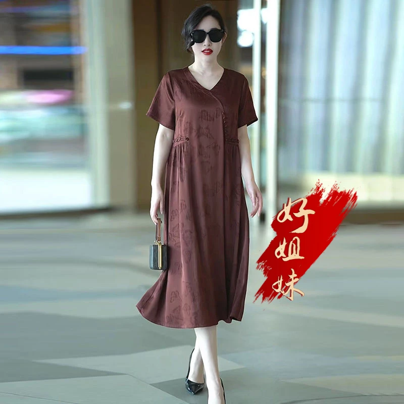 H夏季新款重磅丝质连衣裙宽松大码遮肚子显瘦洋气轻奢妈妈装长裙