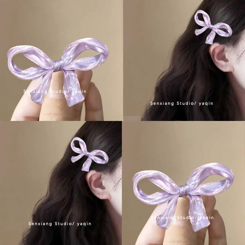 流光紫色！韩国东大门欧尼同款！人鱼姬网纱蝴蝶结发夹侧边夹刘海夹