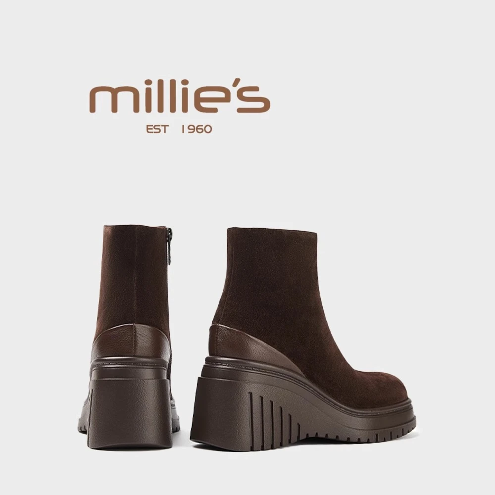 MILLIE'S/妙丽坡跟鞋保暖短靴冬季加绒加厚真皮套筒袜靴弹力靴女B