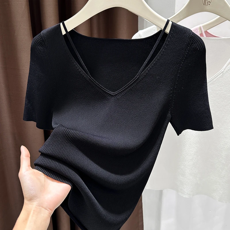 黑色2025夏季新款纯欲V领针织薄款短袖设计感小众打底衫上衣爆款