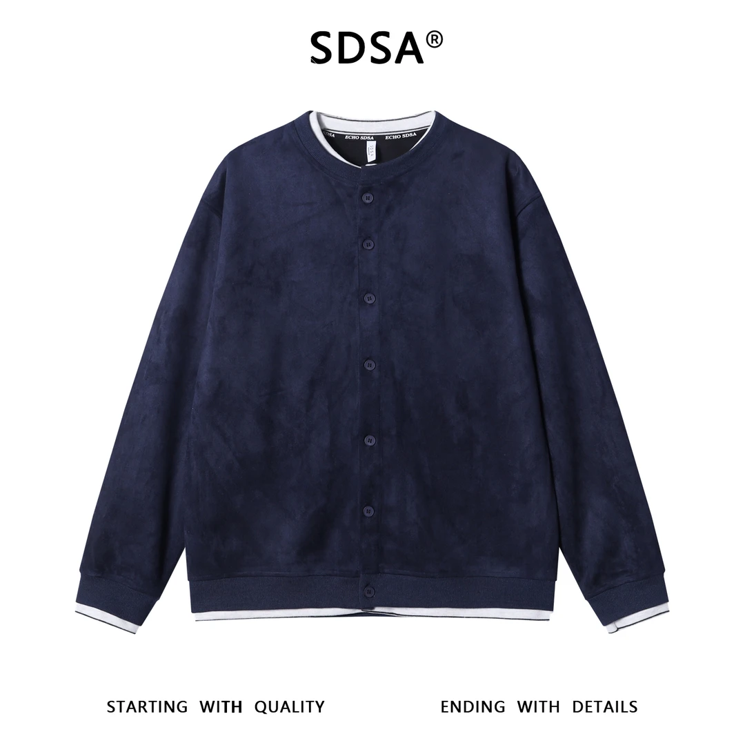 SDSA秋冬新款痞帅男装休闲简约拼接撞色纽扣开衫假两件卫衣百搭