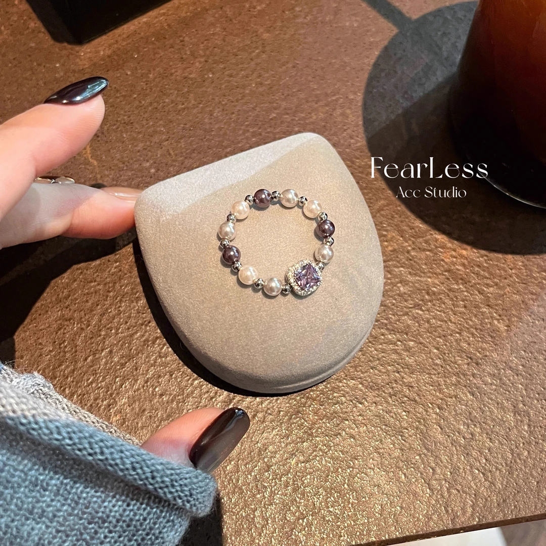 合金戒指 紫色珍珠弹力戒指女小众时尚调节戒指设计高级小众食指