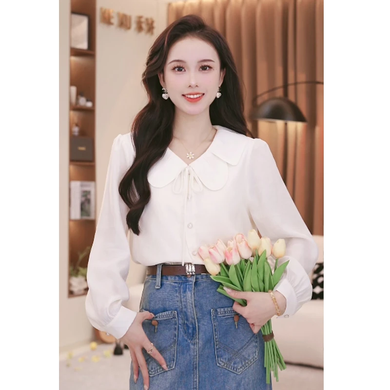 法式甜美系带娃娃领长袖衬衫女2025春季新款别致设计小众宽松上衣