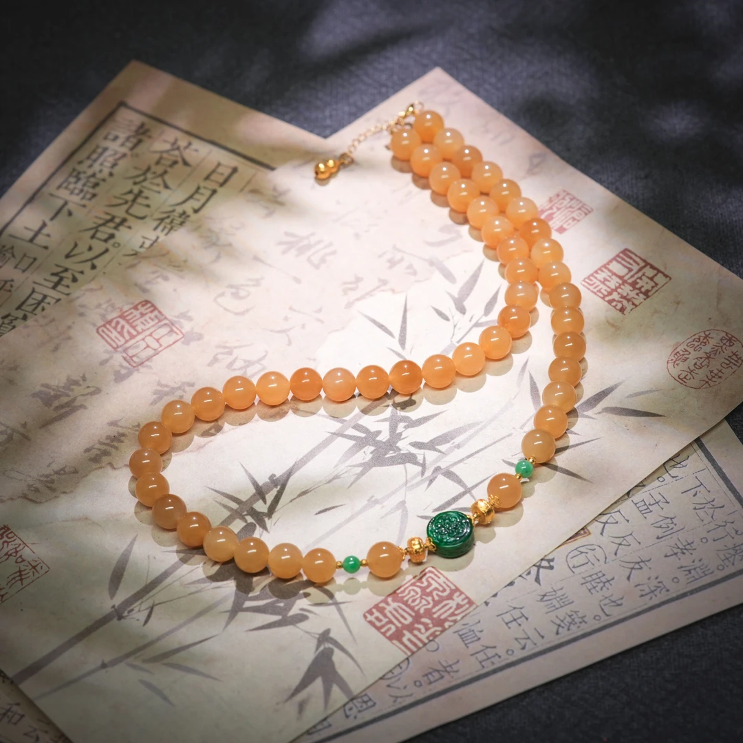 【诗蓉】秋灿·传世级和田玉金糖18K金项链AD1977珠径约8mm长度42+3