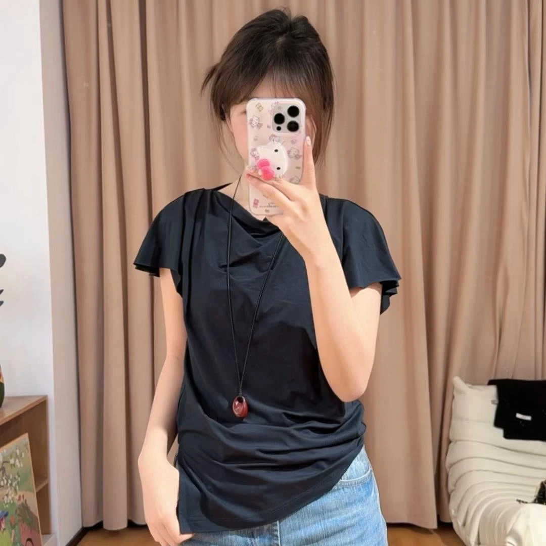 13478余小鱼【时尚密码】墨水蓝不规则下摆刺绣夏季圆领百搭T恤女装