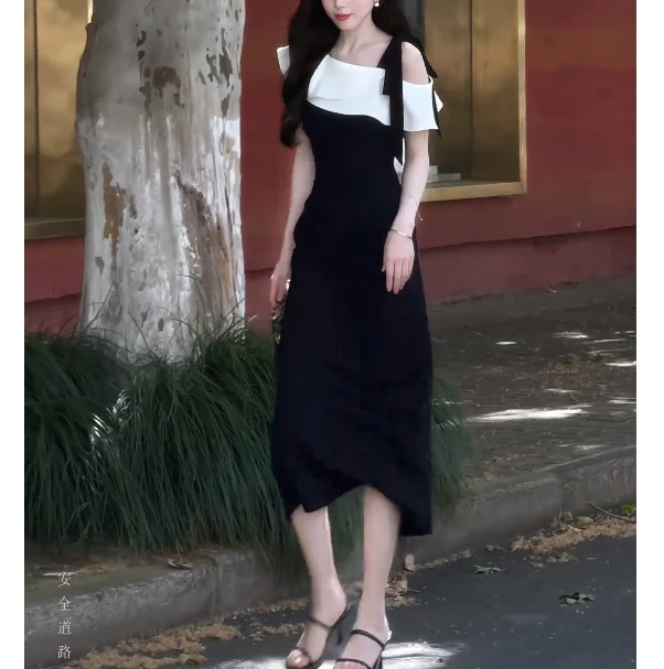 夏季包臀裙显瘦黑色荷叶边连衣裙开叉拼接收腰气质MH80706