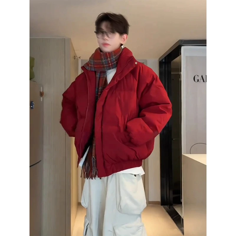 美式短款红色棉服男款冬季加厚扎染cleanfit高级感面包服棉衣外套