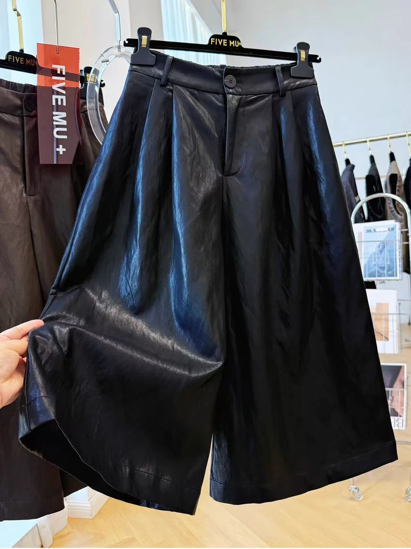 韩版巨好看松紧腰A字宽松阔腿裤女秋季复古休闲八分水洗蛋白皮裤