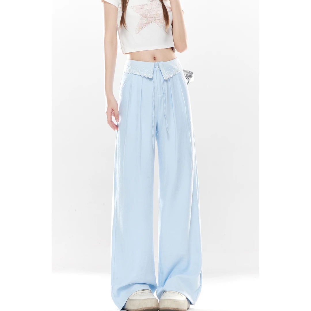 自然涩裤子女2025新款夏季翻边褶皱腰头设计天蓝色宽松直筒休闲裤