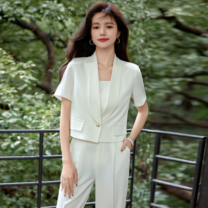 短款小西装洋气阔腿长裤女士夏季气质商务职业装西服薄款休闲外套