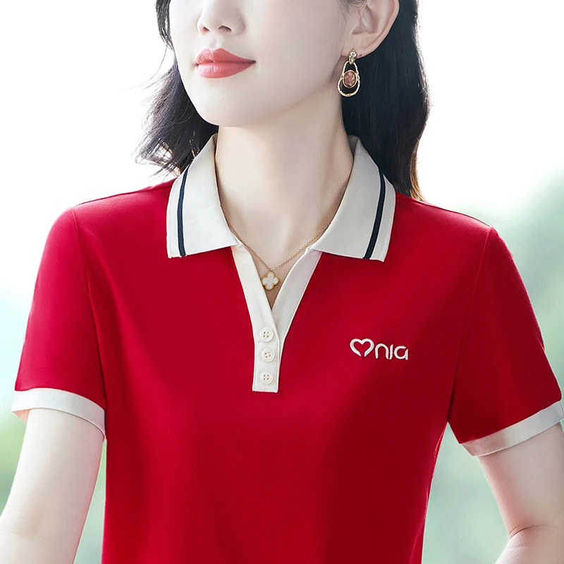 翻领短袖T恤女夏季新款中年妈妈洋气夏装宽松t冰丝上衣大码polo衫