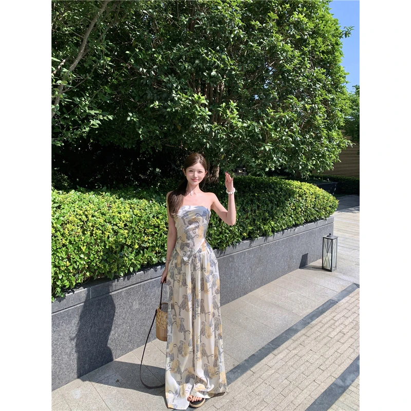 法式小众高级感修身显瘦抹胸背心休闲垂感显瘦印花长裤套装女夏季