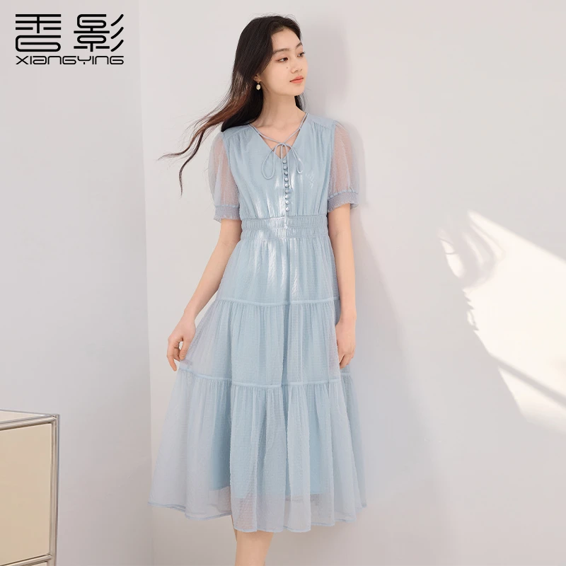 【直播专享】L85S376连衣裙 香影碎冰蓝雪纺连衣裙女夏季新款v字