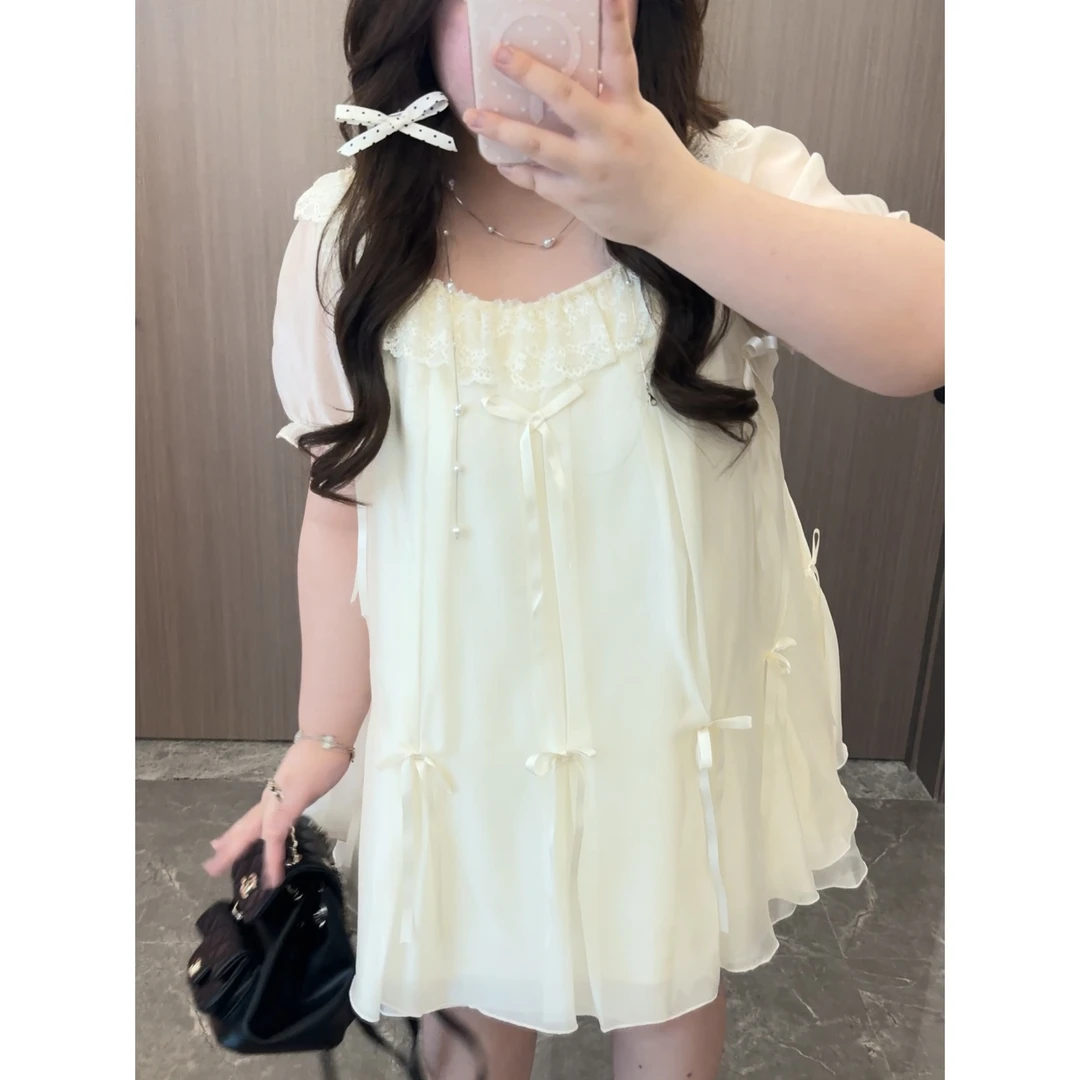 大码女装奶油黄蝴蝶结蕾丝花边蓬蓬短袖甜美连衣裙12180