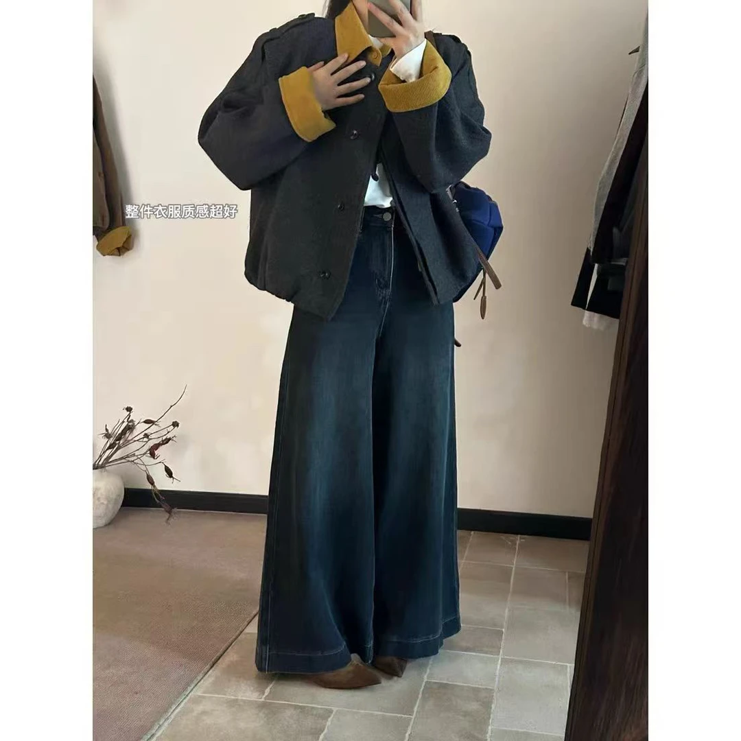 欧货8829时尚百搭翻领撞色短款外套女秋小个子休闲毛呢外套