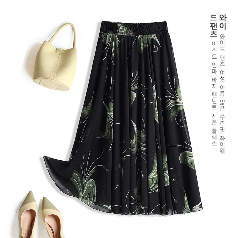 裙子2025夏新款碎花半身裙中长款女高腰大摆印花a字显瘦雪纺长裙