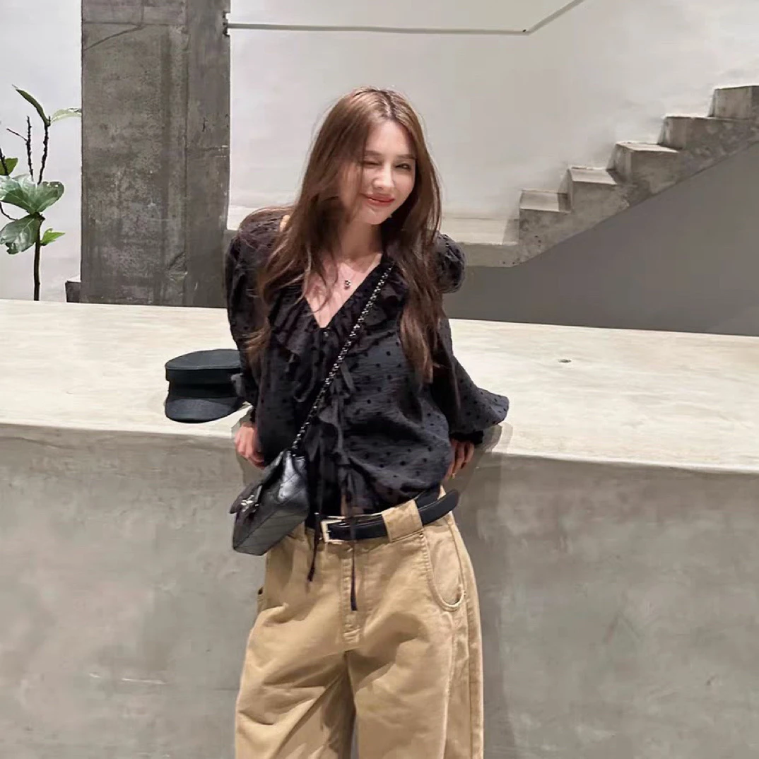 法式波点泡泡袖V领系带高腰宽松休闲显瘦秋季衬衫