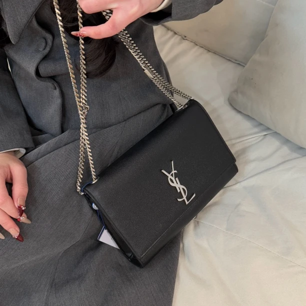 95新 YSL/圣罗兰 YSL Kate中号黑银荔枝牛斜挎包