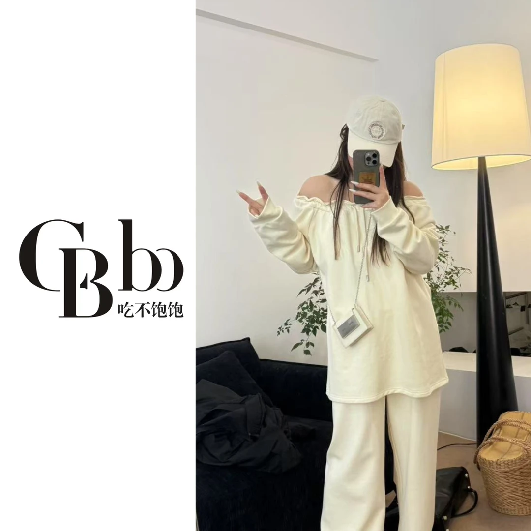 【吃不饱饱】大码 松间步月 慵懒感一字肩长袖卫衣纯欲休闲0155