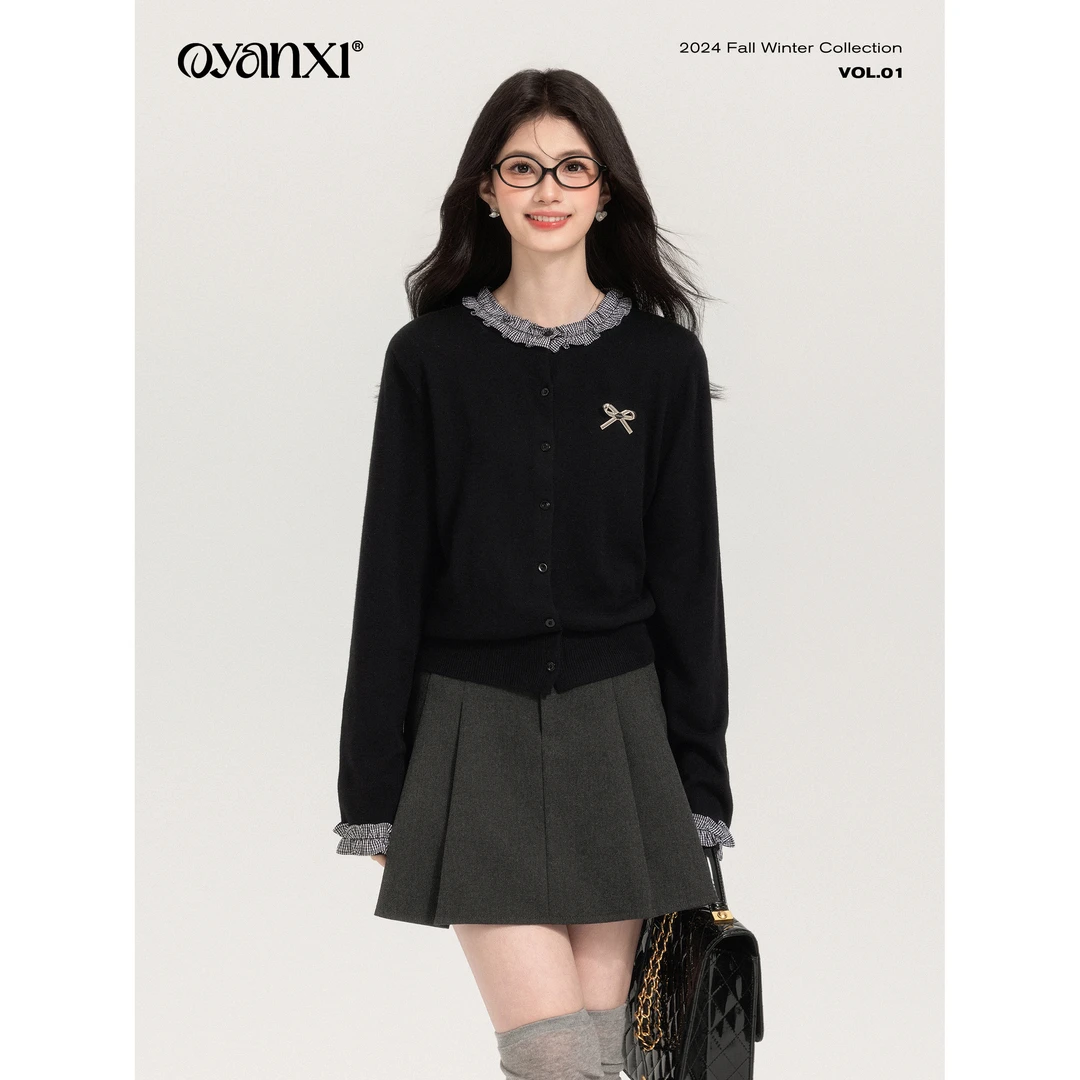 【OYANXI！清！】雾里山风初春圆领长袖上衣女通勤修身显瘦毛针织衫
