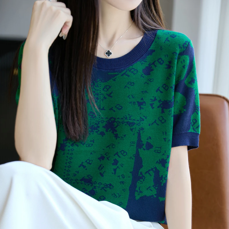 夏季圆领撞色莱赛尔天丝短袖T恤女宽松复古减龄毛衣针织半袖上衣