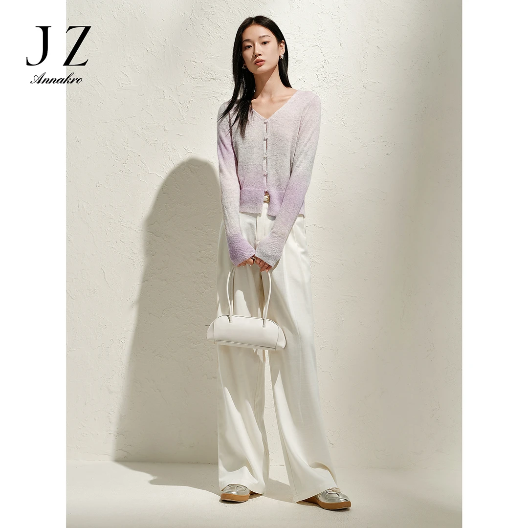 玖姿安娜蔻KWFC11009松弛肌理感天丝棉立体褶皱阔腿裤女2025春