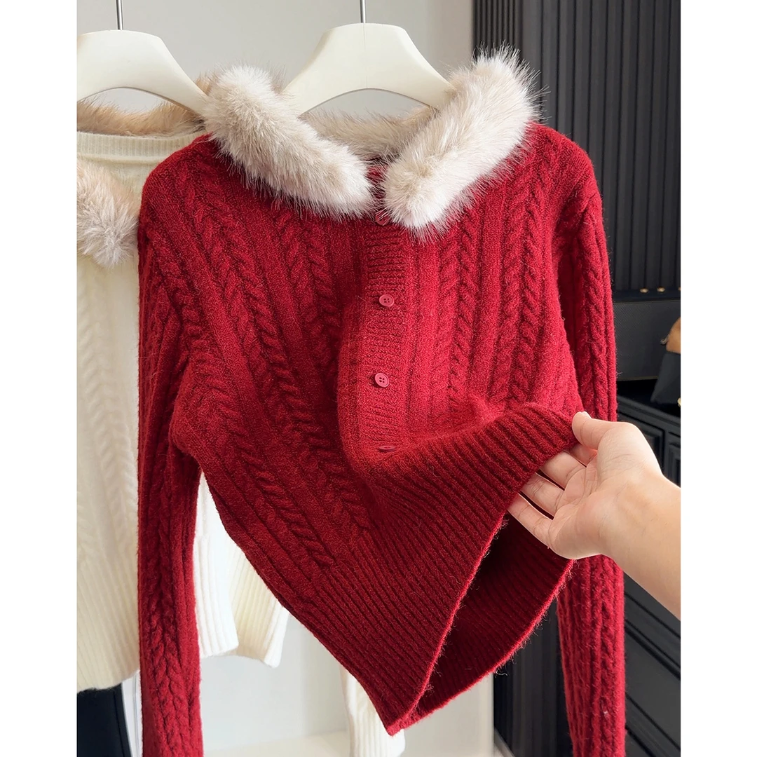 毛领可拆~圣诞节新年红色毛领针织衫女秋冬新款修身显瘦麻花毛衣