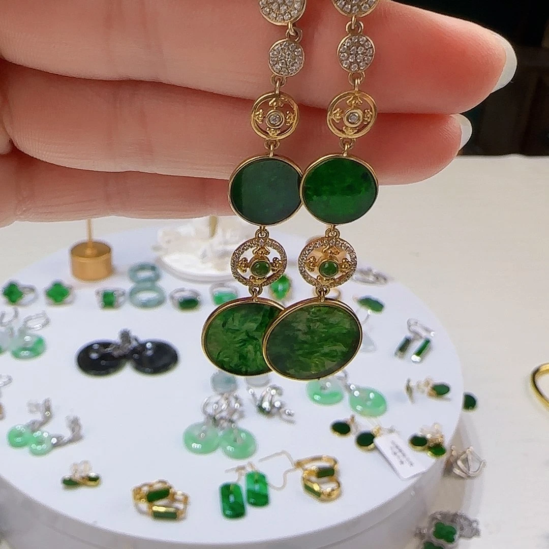 翡翠银S925镶嵌耳饰天然缅甸a货翡翠