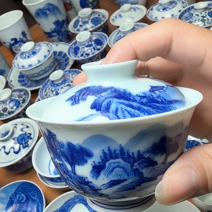 陶手绘山水二才盖碗